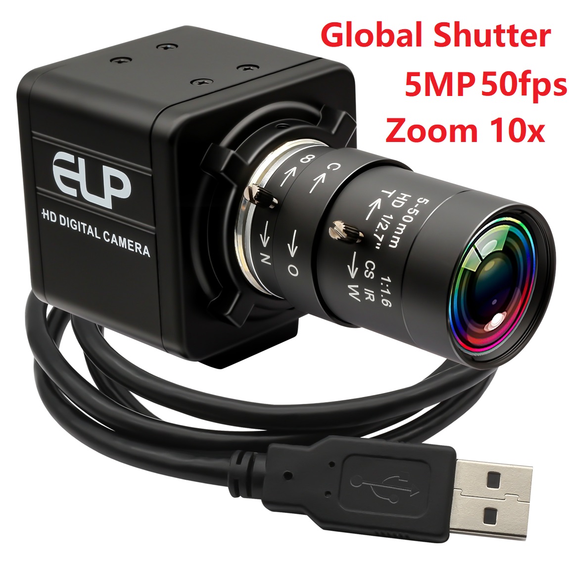 ELP Global Shutter USB Webcam High Speed 5mp@50fps 1440P@60fps Industrial Video Camera with 5-50mm 10X Zoom Lens Variable Focus Close-up PC Camera CS Mount UVC